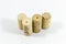 Close-up shot of multiple wine corks with blurry white background