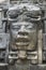 Close up shot of the Olmec stone mask on the Mayan temple of Lamanai in Belize