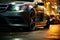 Close up shot of a parked car on a dimly lit nighttime street