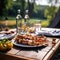 Close-Up Shot of a Perfectly Grilled barbecue meat with vegetables on wooden table, against the backdrop of greenery and a park