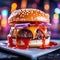 a close-up shot of a perfectly grilled hamburger oozing with ketchup