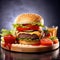 a close-up shot of a perfectly grilled hamburger oozing with ketchup