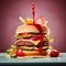 a close-up shot of a perfectly grilled hamburger oozing with ketchup