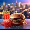 a close-up shot of a perfectly grilled hamburger oozing with ketchup