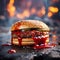 a close-up shot of a perfectly grilled hamburger oozing with ketchup