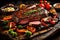 A close-up shot of a perfectly grilled steak, adorned with grill marks and surrounded by sizzling vegetables, showcasing the art