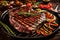 A close-up shot of a perfectly grilled steak, adorned with grill marks and surrounded by sizzling vegetables, showcasing the art