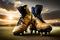 A close-up shot of a player\\\'s well-worn rugby boots, covered in mud and grass stains from a hard-fought match