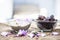 Close up shot of popular Indian & Asian winter dessert in a transparent glass bowl i.e. Khajor ka halwa or dates confection with r