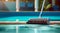 A close-up shot of professional pool cleaning tool, pool brush, neatly arranged by the side of the pool, emphasizing the