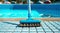 A close-up shot of professional pool cleaning tool, pool brush, neatly arranged by the side of the pool, emphasizing the