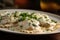 Close-up shot of Ravioli stuffed with crab meat and topped with creamy alfredo sauce, garnished with parsley