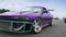 Close-up shot of real classic luxury sports car in purple color on a race track