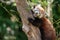 Close-up shot of a red panda holding on a tree trunk