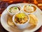 Close up shot of seafood gumbo sampler