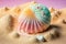 Close-up shot of seashells on a sandy beach. Generated by AI