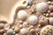 Close-up shot of seashells on a sandy beach. Generated by AI.