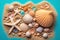 Close-up shot of seashells on a sandy beach. Generated by AI