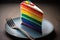 Close up shot of slice LGBT rainbow cake.