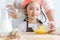 Close up shot of Smiling Asian little girl making bakery with mo