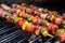 close-up shot of smoky skewered bacon-wrapped brussels sprouts on grill