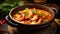 Close-up shot of Thai shrimp tom yum served on a delicious fresh ceramic bowl