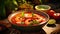 Close-up shot of Thai shrimp tom yum served on a delicious fresh ceramic bowl