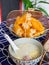 Close up shot of traditional breakfast with steamed bread, congee