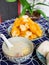 Close up shot of traditional breakfast with steamed bread, congee