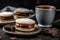 Close up shot of traditional south American alfajor served with hot coffee.
