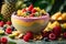 Close - up shot of a tropical paradise smoothie bowl with a thick, creamy texture and vivid fruit toppings