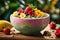 Close - up shot of a tropical paradise smoothie bowl with a thick, creamy texture and vivid fruit toppings