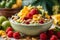 Close - up shot of a tropical paradise smoothie bowl with a thick, creamy texture and vivid fruit toppings