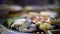 Close up shot of vegetable, shrimps and cuttlefishes being cooked and grilled.