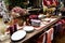 Close up shot of vintage table with crockery