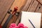 Close-up shot violin headstock orchestra instrumental over white wooden background select focus shallow depth of field