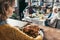 close-up shot of woman with thanksgiving turkey for holiday dinner