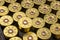 Close up of shotgun shell cartridge in plastic bullet box background