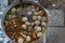 Close-up shots of popular Asian dishes, local dishes, coconut milk curry paste, chicken legs with spicy meatballs, popular dishes