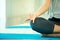 Close up Shunya mudra hand of Asian young woman sitting and practices yoga breathing meditation