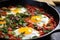 close-up side shot of shakshuka with runny yolks