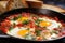 close-up side shot of shakshuka with runny yolks