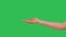 Close up side view of beautiful outstretched female hand isolated on green screen chroma key background. Woman holding