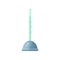 Close-up side view of blue toilet plunger in the shape of a semicircle with long handle, hole for hanging on