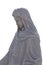Close up side view of stone sculpture of virgin mary on white background