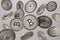 Close up of silver bitcoins tossed into the air as example for blockchain and crypto-currency concept
