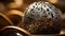 A close up of a silver egg sitting on top of coins, AI