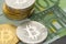 Close-up silver and gold bitcoin coins