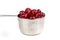 Close up silver measuring cup containing maraschino cherries