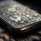 A close up of a silver phone case with intricate designs, AI